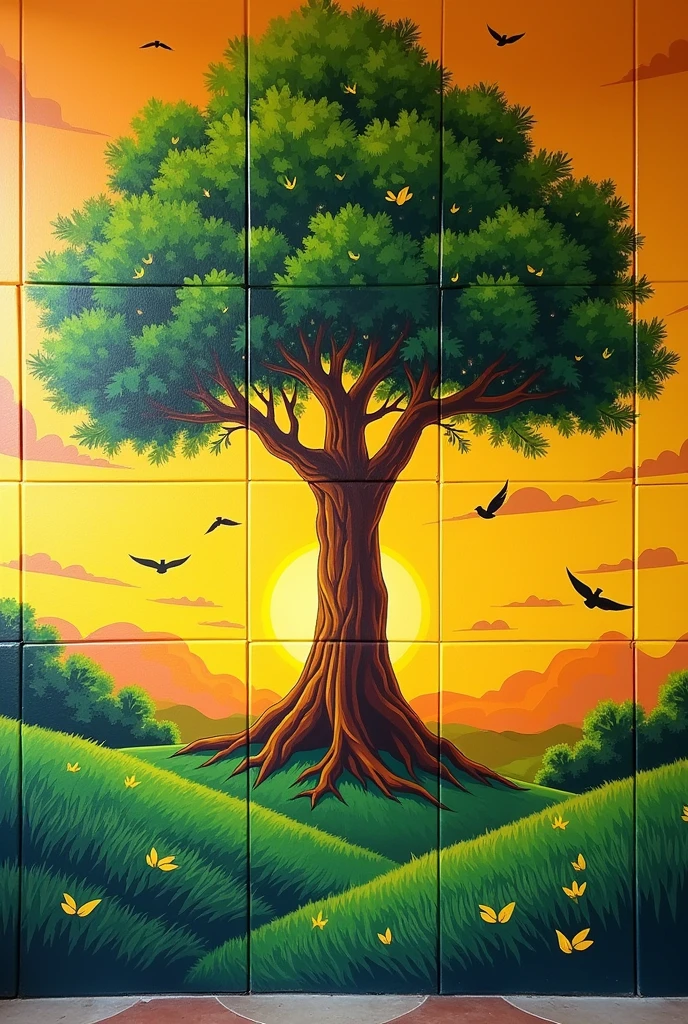 A vibrant vector art of a wall painting in the ratio 11:7, featuring a scenic sunrise with a 'Kalpa Vraksh' as the central focus. The tree stands tall with lush green grass surrounding its base. The sky is a soft morning hue with a few birds soaring, adding to the tranquility. The color palette is vibrant and attractive, designed to complement yellow surrounding tiles, ensuring the painting matches the environment
