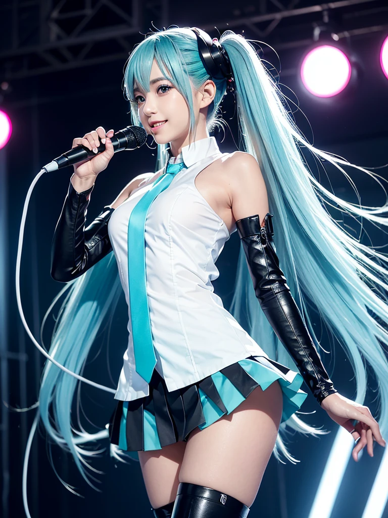 (Japan girl cosplaying Hatsune Miku: 1.4), (sweaty 4k: 1.2), camel pibe, bust top, (open legs, pubic hair, areola: 1.0),,, troops, smile, (full body), open mouth, (big cosplayer, big Hatsune Miku: 1.4), (green headset microphone, green tie: 1.4), Lori's Japan cosplayer is singing on stage,Lori's Japan cosplayer is dancing on stage,Loli's Japan posing,Cosplaying Japan loli,Half-off costume,sensual pose,Jumping high,((Translucent body, smooth translucent white skin: 1.5))、Sakimi-chan HDRI、Background bokeh,Background gradient,Cute Loli,Goddess of Japan,( Photorealistic: 1.8), (8k, RAW photos: 1.8), (HDR: 1.2), (shallow focus: 1.4), (sharp focus: 1.4), (clear nipple silhouette: 1.5), (clear areola silhouette: 1.5), (ultra-detailed clear silhouette of pubic hair: 1.5), (crowded, crowded: 1.0)