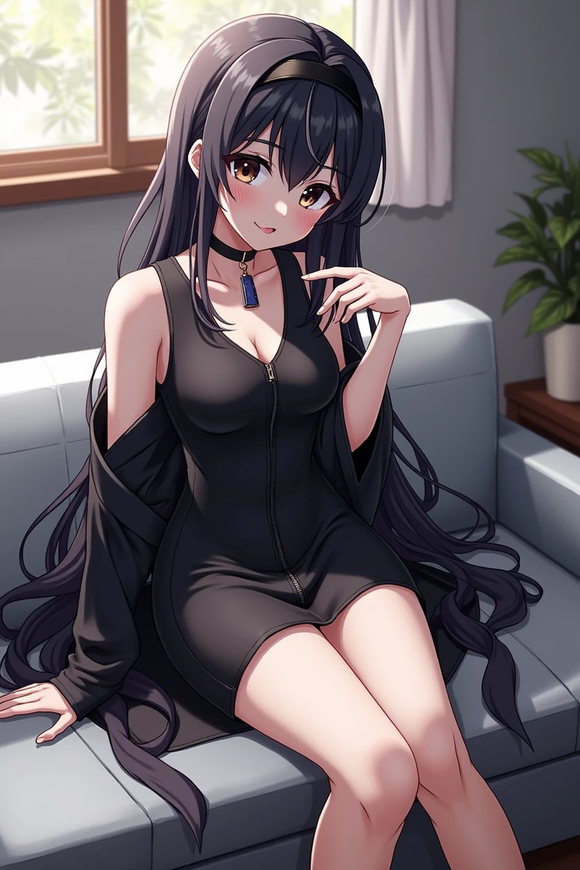 a Brazilian woman, 20 years old, brunette, straight hair, smiling, in the living room, perfect body, sitting, legs open