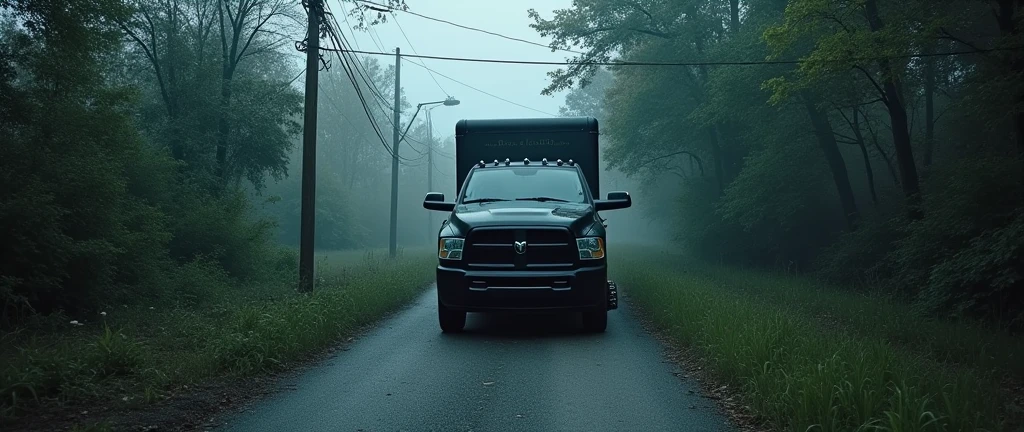 Ram truck on a dark abandoned street and overgrown in a zombie apocalypse wallpaper 4k