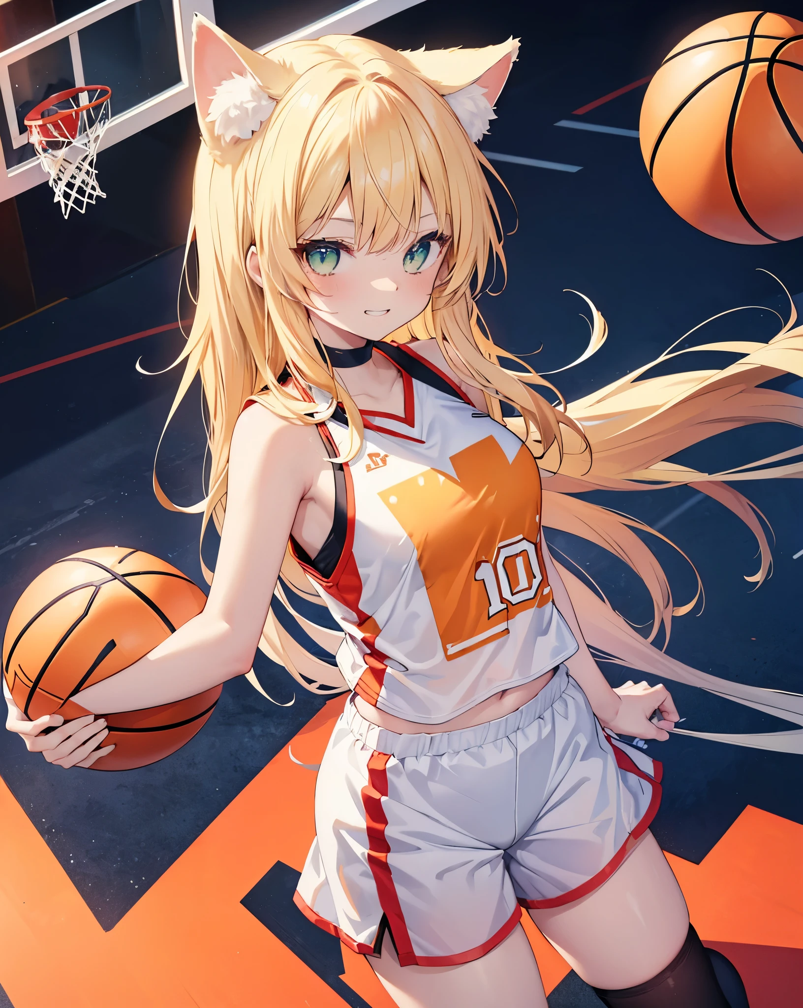 Single color background. 1nekogirl, White cat ears,blonde fox tail, basketball clothes, oversize orange basketball t-shirt, white  basketball shorts, bare shoulder. Long blonde hair, cool anime Green eyes. she is doing a slam dunk. She is Mid-air, shot from the above. She is smiling, cute grin. Ball. She hold the Basketball. He has a captain's armband on his arm. She is the player number 10. Indoor