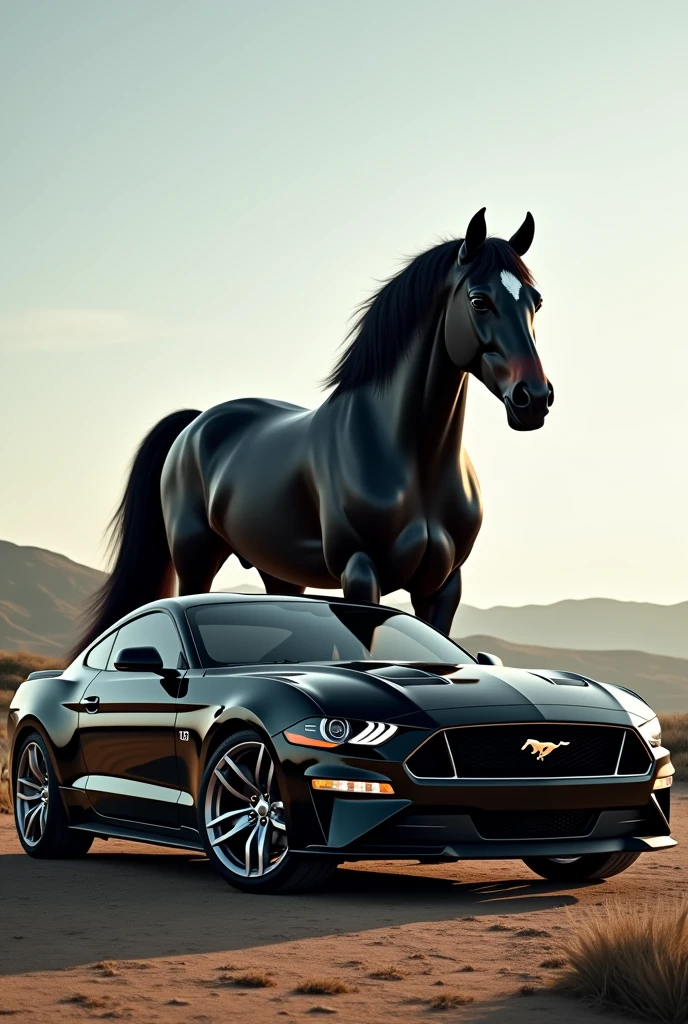 Carro Mustang, with a thoroughbred black Mustang horse behind the realistic car 