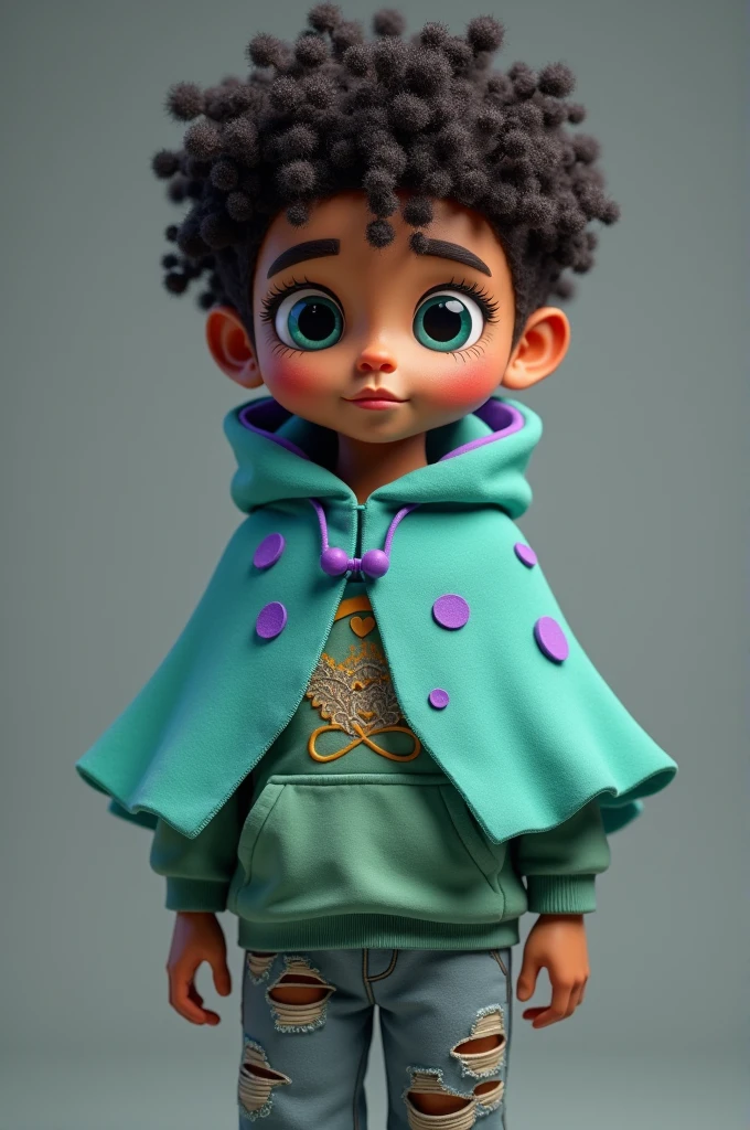 a character with dark beige skin color, wearing a sweatshirt with an aqua green cape with purple spots and short, curly hair, with a gray adolescent background
.Minecraft