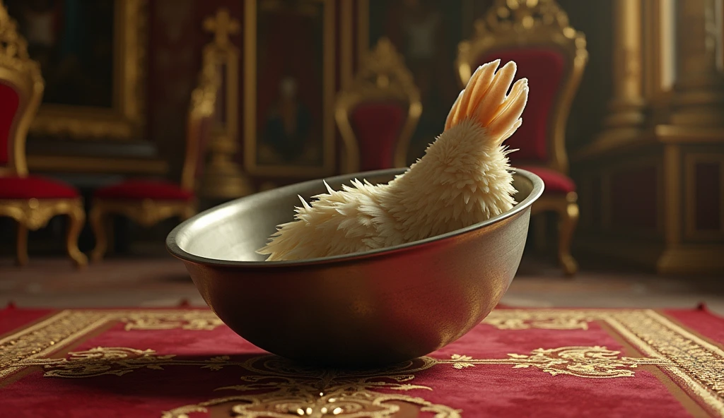 In the palace of a king, there is a metal bowl upside down on a table, under this metal bowl, a chicken is caught, and only the bird's wing is left out from under the bowl, and the chicken itself is not clear, only the chicken's wing is clear.