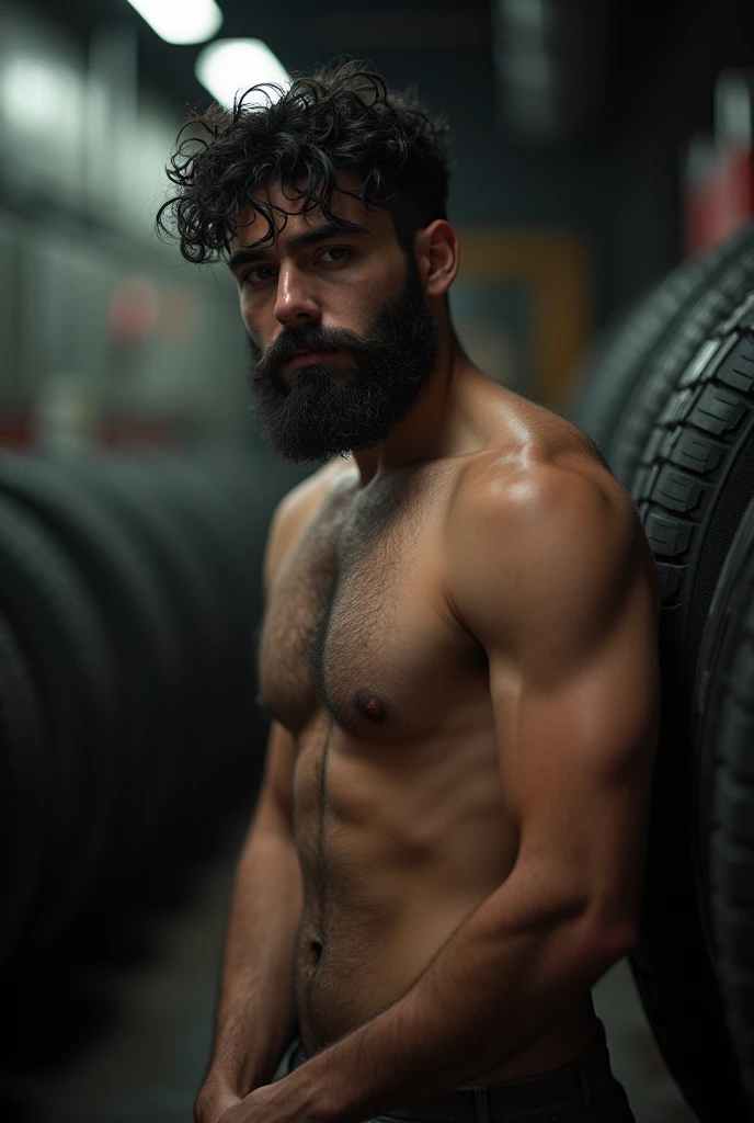 handsome, bearded and chubby gay with black bushy hair, he is naked, he is in a tire store, sensual gay photography, dramatic lights
