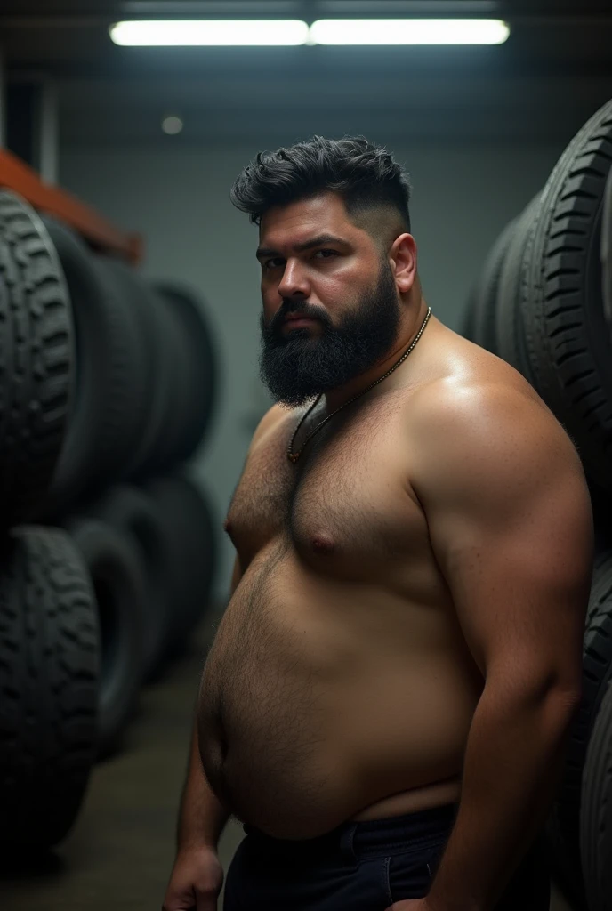 handsome, bearded and chubby gay with black bushy hair, he is naked, he is in a tire store, sensual gay photography, dramatic lights
