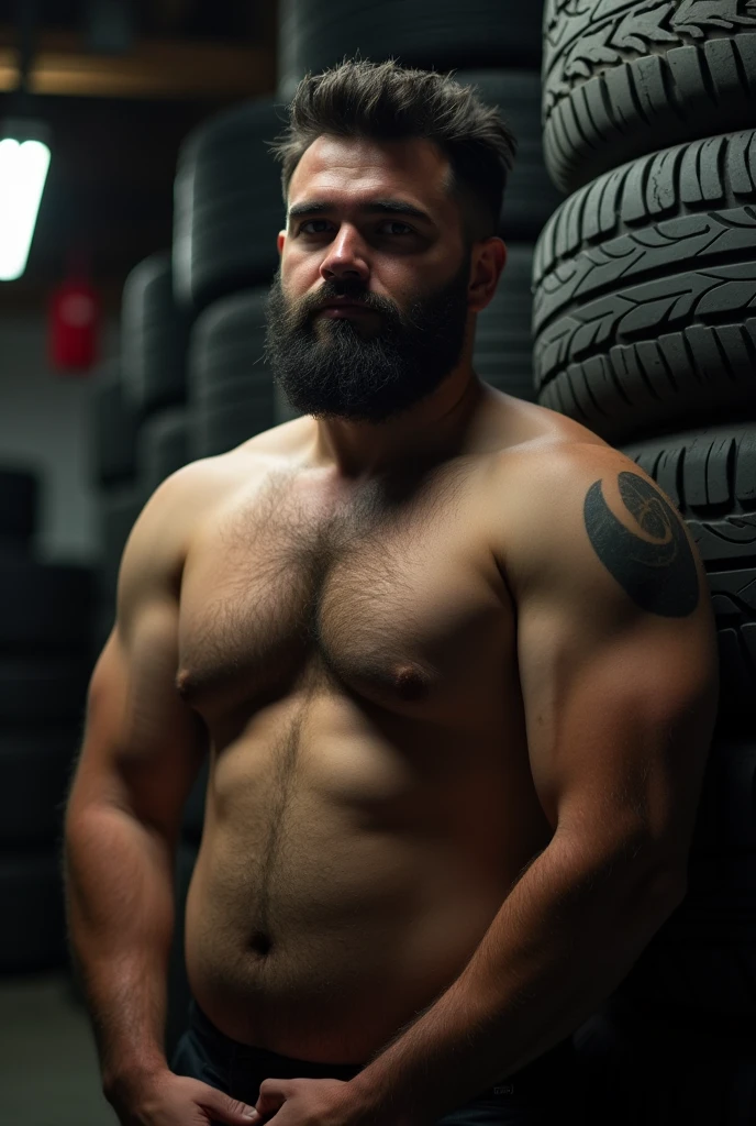 handsome, bearded and chubby gay with black bushy hair, he is naked, he is in a tire store, sensual gay photography, dramatic lights
