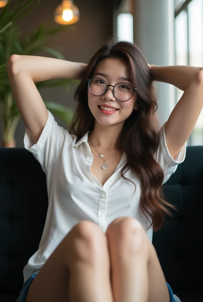 ((best quality, 8K, masterpiece: 1.3)), beautiful exotic indonesian girl, pure, melon face, kind and cute, light smile, pure desire, slender body, (front), (tilted head), long brown wavy hair, windy hair, long flowing shoulders, round black big eyes, round glasses, clear big eyes, moist red lips, sweet, lie down open legs on comfortable black sofa in cafe shop, blured background, bright lighting, open mouth, pleading eyes, ((((whole body)))), sexy slender legs, small firm breasts, lift your skirt, ((slim muscular body)), (M-legs:1.5), ((lifting you own skirt:1.5)), wearing white shortsleeve open shirt, dark blue platted pencil miniskirt, showing white panties, tilted head, (arms up, arms above head), (((focus on her legs)))