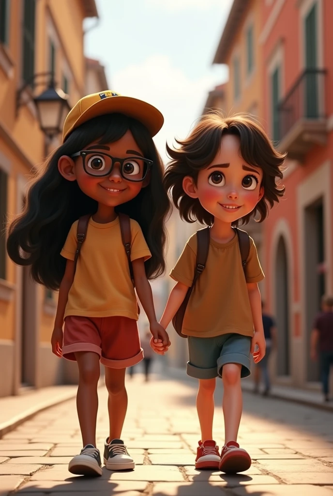 pixar design, Two teenagers, one with long black hair, with glasses and cap, brown skin, another with medium brown hair, short and wavy, White skin, walking through Italy