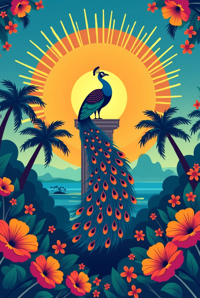 Poster invitation for sports fest with small four sun rays, peacock and coconut tree, islands and a corinthian column below. The overall look should emit sport's theme with circular spaces or shapes for designated logo.

With texts that read PALAWAN DIVISION YOUTH CONVENTION—SPORTS FESTIVAL EDITION

August 25-26, 2024