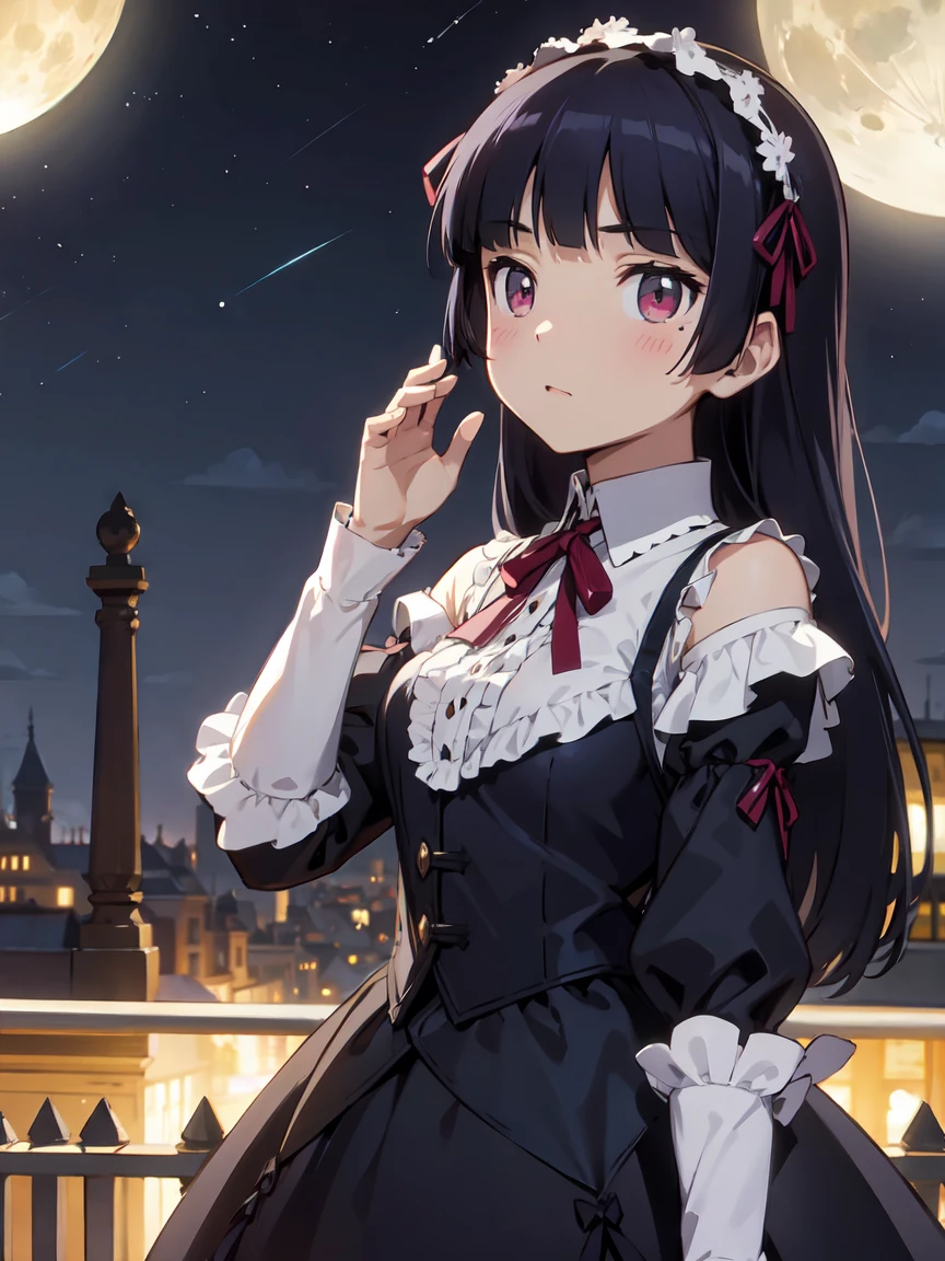 Movie Posters, full moon, Illuminated by moonlight, Romantic atmosphere, Starry Night, Fantasy, Light and shadow, Silence of the Night, Two people, secret, Soft Light, ephemeral, (ruri gokou), Red eyes, Hime cut, Long Hair, Gothic ****ta, ****ta Fashion, head band,