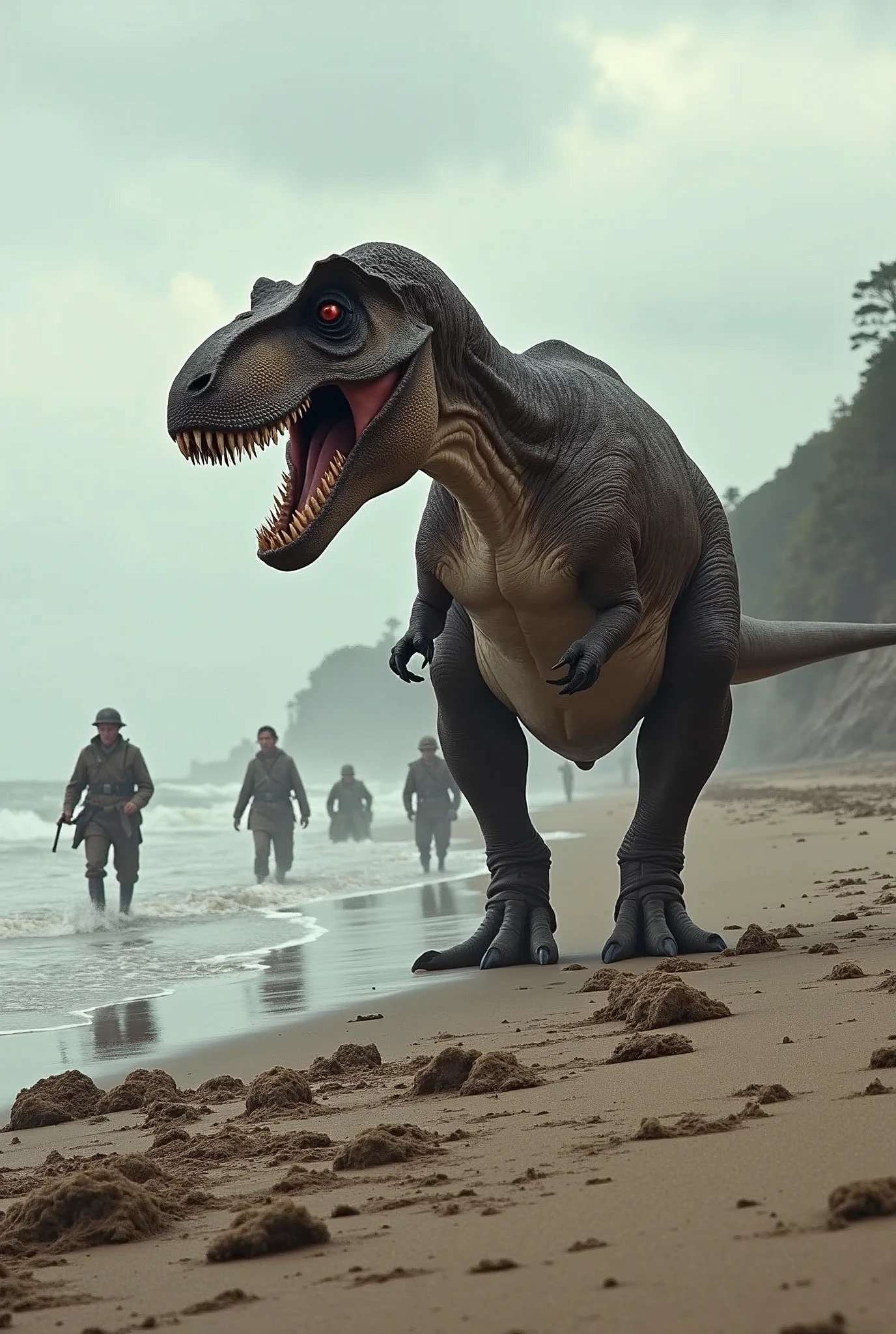 A Tyrannosaurus Rex on the beaches of Normandy, World War 2 photo, chaos