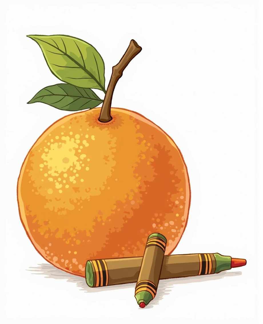Create a crayon illustration of an orange on a white background.
