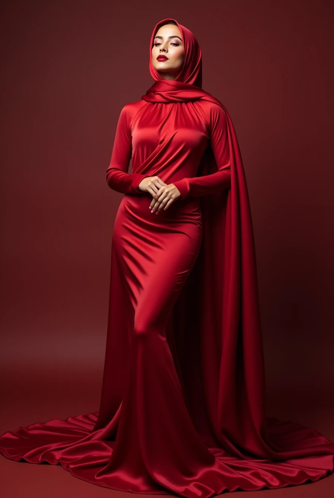 Captivating, elegant woman is engendered in a cascade of four-meter-long, ruby-red, plush satin fabric. The material clings tightly to her figure, spreading out into a pooled train at her feet, mimicking a mermaid's tail. A satin hijab cloaks her head, revealing only a hint of her upper body. This full-body portrait radiates a mythical sophistication. Wrapped, eth