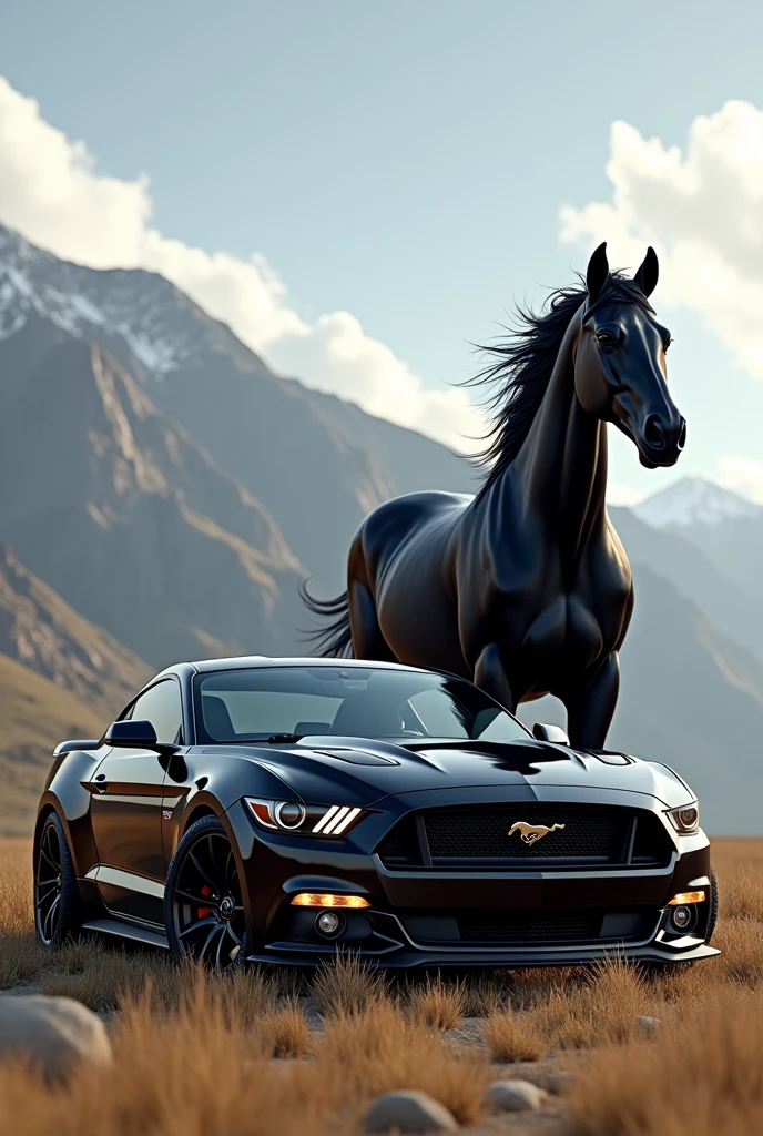 Carro Mustang, with a thoroughbred black Mustang horse behind the car realistic image