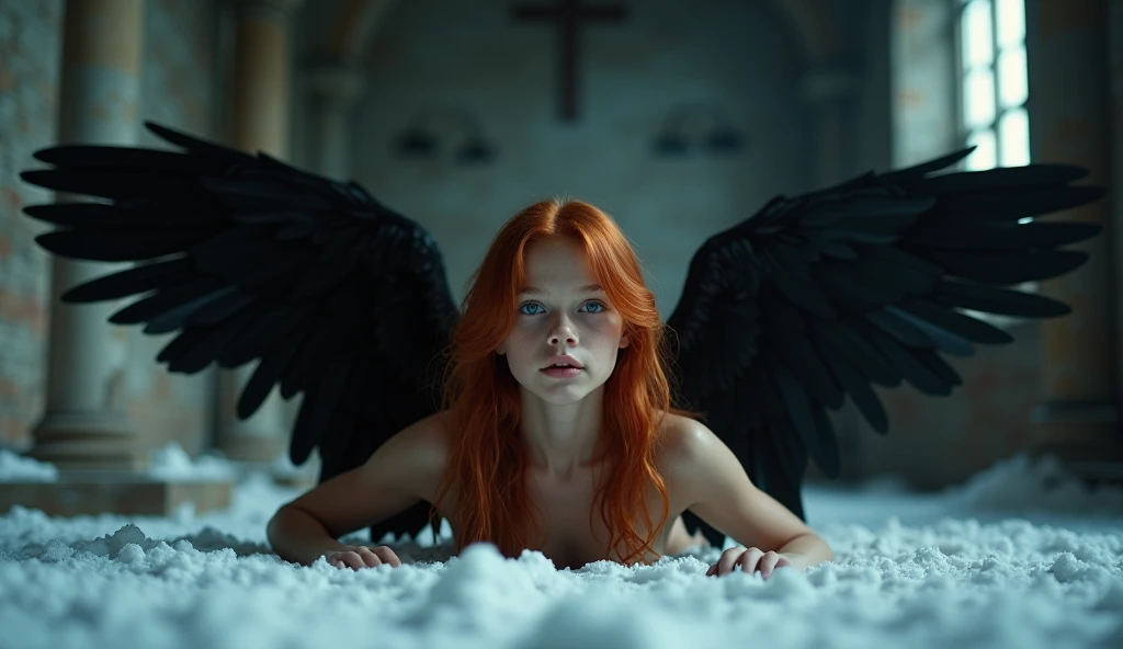 (Mackenzie Foy ginger hair girl,13 yh stunning gothic black archangel wings in fire:1.6), (naked, nude:1.8), (Without clothes:1.8),(long, messy hair, hair floating in the wind:1.6), blue eyes, detailed eyes, detailed lips, (lies nude, sensual, full body:1.5), (photo from low angles:1.5), (creepy and scary gothic church, abandoned with fog and fog, snow:1.3), low neck, ray tracing, (best quality, 4k, 8k, high resolution, masterpiece:1.2), very detailed, (realistic , photorealistic, photorealistic :1.37), HDR, UHD, masterpiece, professional, vivid colors, bokeh, studio lighting