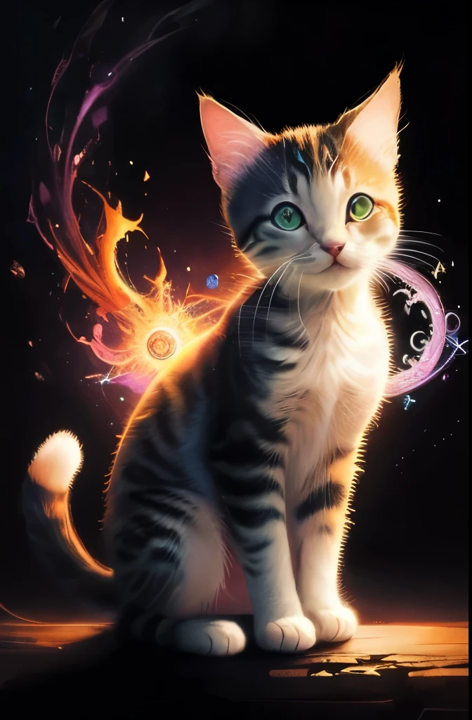 a painting of a colorful kitten on a black background,, breathtaking rendering, within a radiant connection, inspired by Kinuko Y. Craft,, magical elements, kitten icon, wow, is beautiful, casting a multi colorful spell, bright flash, flash