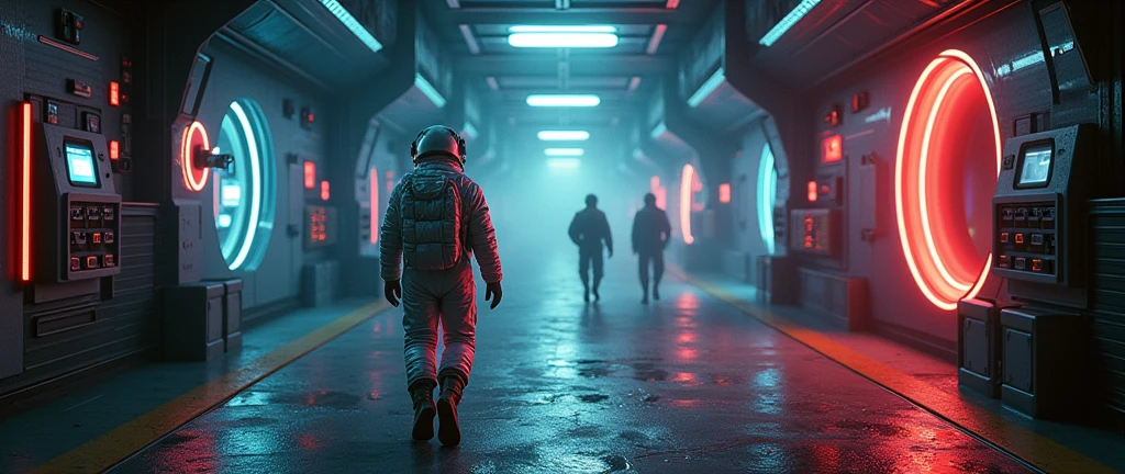 A lone astronaut in a shimmering, iridescent spacesuit cautiously navigates a dimly lit, retro-futuristic lunar base. Neon-rimmed control panels cast eerie shadows as armed guards patrol distant corridors. Hyper-realistic details capture the tense atmosphere, blending 1980s sci-fi aesthetics with Cold War paranoia.