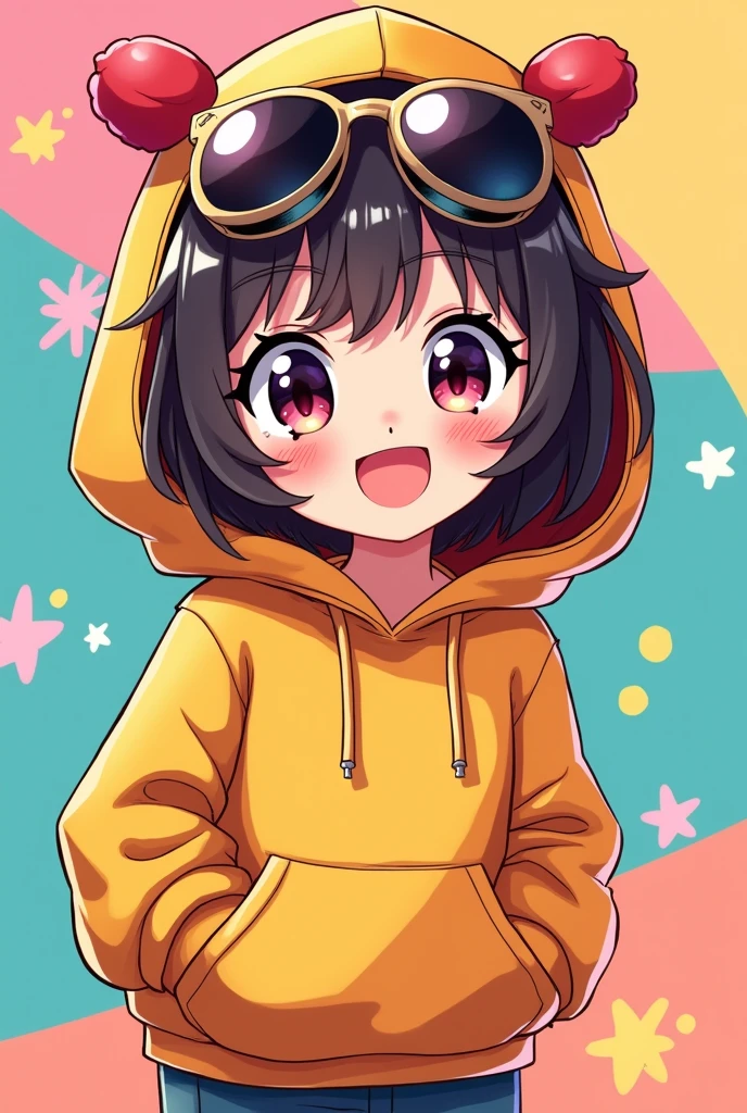 Cartoon anime character wearing hodi and sun glasses 