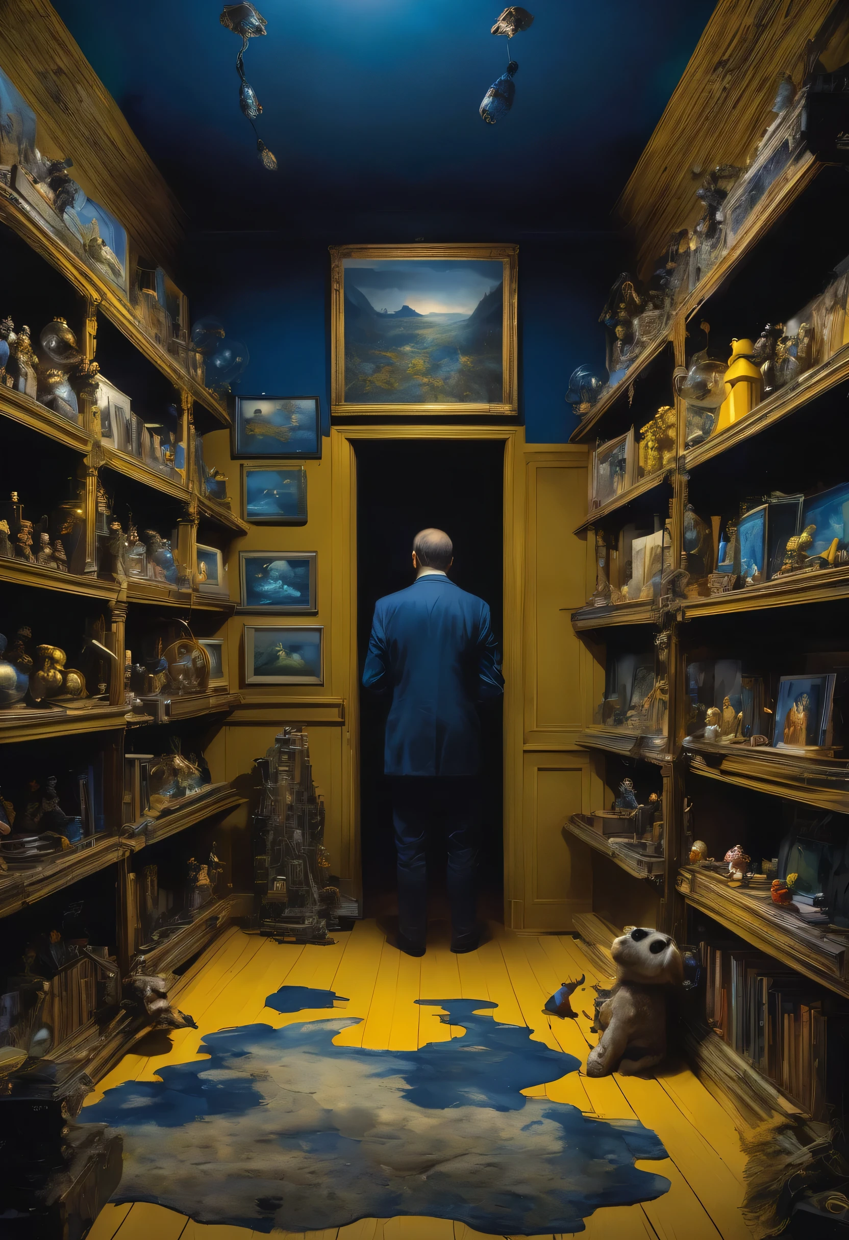 Young father with  and childreng art, curator man, moustache, toys on shelves, mysterious atmosphere, deep dark blue and golden yellow, 4D, 8K, photorealistic, dreamlike, big and complex composition storytelling, masterpiece, artwork by Bernie Wrightson, artwork by Jeremy Mann, Surrealism, Impressionism