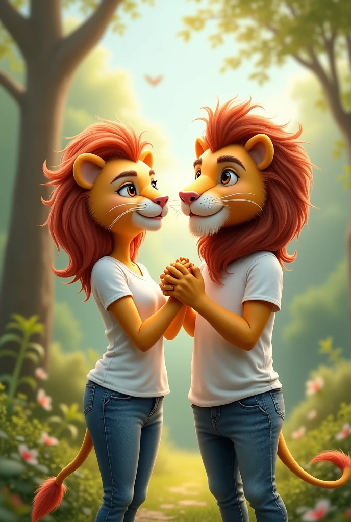 A female lion wearing a white t-shirt and jeans and a male lion wearing a white t-shirt and jeans holding hands
