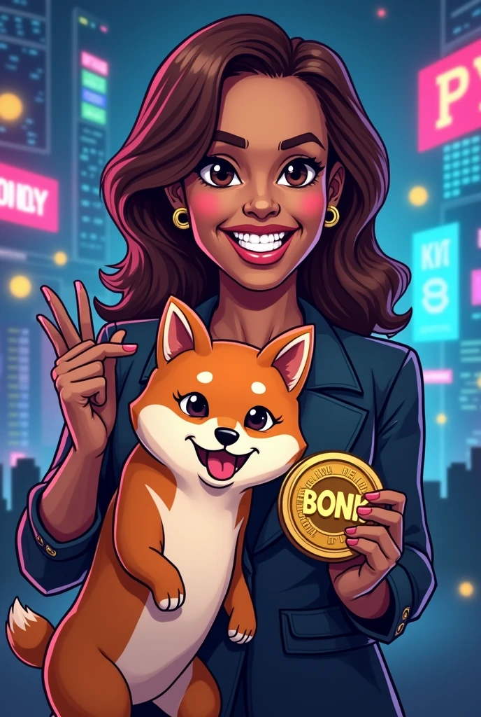 Kamala Harris as a mascot for a fictional meme coin 'Harris Bonk.' She is interacting playfully with a Shiba Inu dog (symbol of the BONK token). The background includes digital currency symbols, graphs, and a futuristic, neon-lit cityscape. Kamala Harris is holding a coin with the 'Harris Bonk' logo, smiling confidently. The overall mood is dynamic, energetic, and slightly humorous, reflecting the fun and lively spirit of meme culture