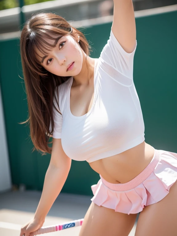 Pink tennis wear, (No underwear:1.2), White sneakers, swing tennis racket, Tennis ball, Tennis court, Sweaty smell, locker room, (Highest quality) , ((Very detailed)) , 4K , (8k) , masterpiece, Very detailedな, Highest quality, Super Resolution, sexy, 18-year-old girl, (height: 152 cm), 1 person, Very beautiful face, Cute type, Big Natural Color Lip, Big and pretty eyes, Brown eyes, Obvious double, Small and cute nose, Soft long hair, bangs, Brown Hair, Beautiful Hands, Five fingers, positive, Crying a little, White Pleated Micro Mini Skirt, Soft Light, RAW quality, Soft Skin, (Glowing Skin, Sweaty: 1.4) , Beautiful feet, Voluptuous thighs, Plump body, Huge breasts, (Expresses the roundness and softness of the chest area.........1), Beautiful body, (The perfect woman, Accurate joint movement), (Provocative dynamic pose), Skirt flip, Browsing Caution, (Spread:1.2)