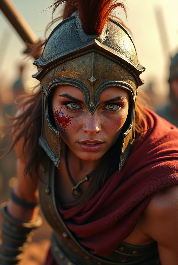 (battle and Spartans:1.2) (Messy brown hair:1.1) (Heterochromia xanthochromia and green eyes:1.2) (Spartans Helmet:1.0) (Colored blood in the eyes:1.0) (A radiant glow:1.1) (thick lips:0.9)