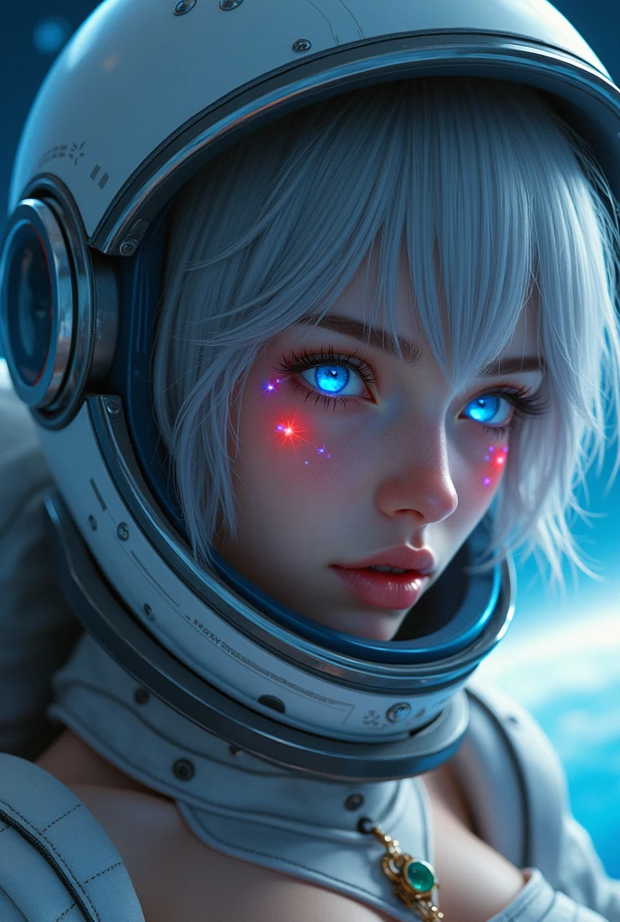 (Close-up of a better masterpiece:1.5)0.9], (Space and astronauts:1.2) (Messy silver hair:1.1) (Heterochromia xanthochromia and blue eyes:1.2) (Space Helmet:1.0) (Colored stars in the eyes:1.0) (A radiant glow:1.1) (thick lips:0.9) crop top sexy 