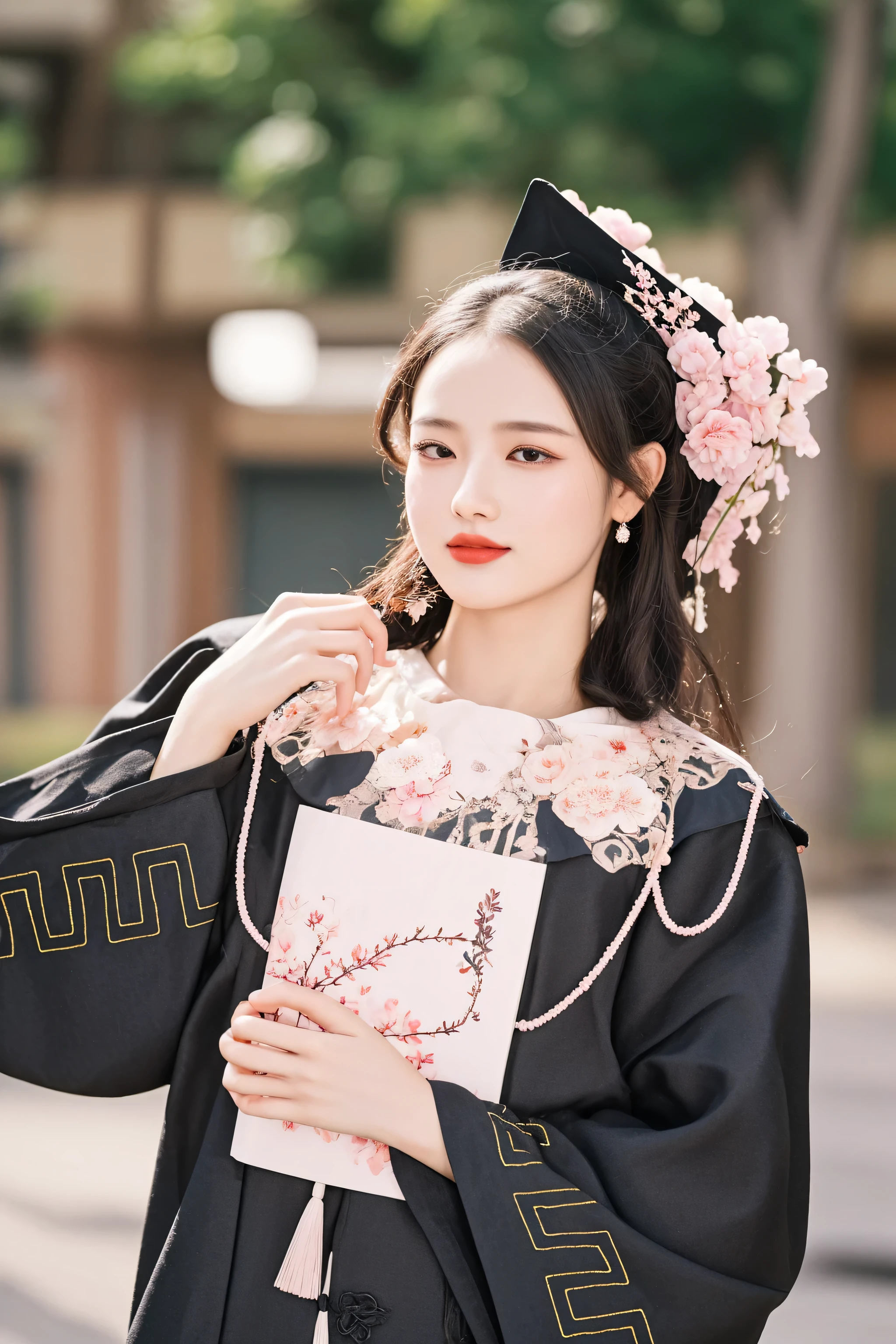 woman in a black robe and a pink flowered hat holding a book, palace , a girl in hanfu, hanfu, wearing ancient chinese clothes, traditional chinese clothing, with acient chinese clothes, white hanfu, chinese costume, inspired by Qiu Ying, inspired by Huang Ji, wearing an ornate outfit, inspired by Zhou Fang, inspired by Pu Hua