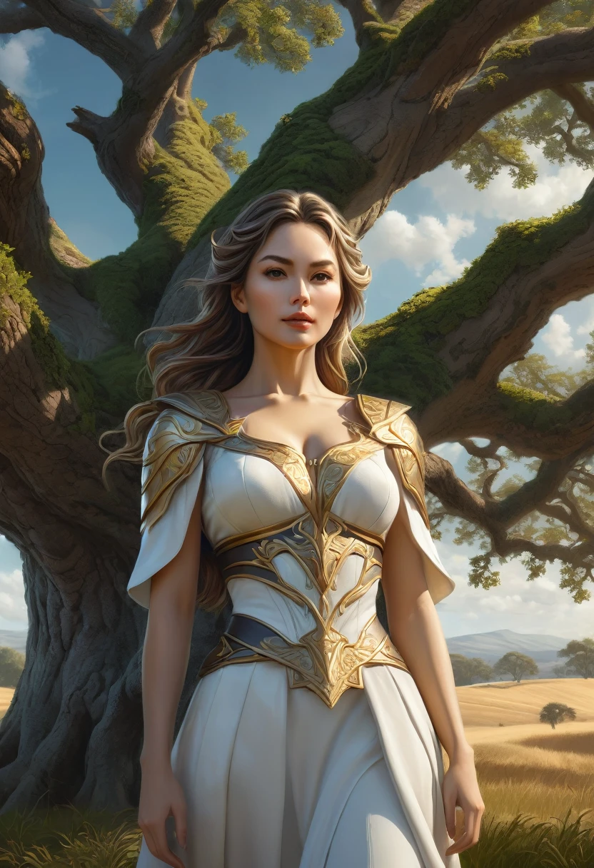 Feminine woman under an oak tree. Official Art – Character profile. An Award-Winning Digital Masterpiece In 4K Ultra HD, Extreme Detail And Intricate Realism. Symmetrical Face. This Concept Art Brought To Life By The Hands Of Artists Like Wlop & Artgerm In A Stunning 2D Vector Illustration.Background Is A Panoramic Vista.
