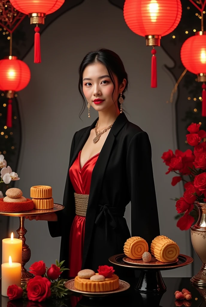 1. Wallpaper và Layout:
Wallpaper:
Choose a black or dark gray background to highlight the red and black shades of the model and decoration.
You can use a background with gentle patterns such as moon and stars or metallic patterns to add appeal.
Layout:
Arrange decorative elements such as lanterns, led light, and moon cakes around the model in a balanced manner.
Place the model in the center or to one side to create space around the accessories.
2. Model's Outfits:
Colour:
Black and red clothes combine harmoniously, for example a long black dress with red accents or vice versa, to create contrast and stand out.
Styles:
Choose clothes with modern and sophisticated designs, such as a long dress or a cape with gentle details to match the chic style.
Use accessories like necklaces, earring, or a metallic gold belt for added sparkle.
3. Props and Decorations:
Decorative table:
Place a decorative table with a glossy black or glass surface, and decorate with items such as red lanterns, yellow candle, and modern moon cake models.
Use silver or gold cake plates and trays to add a touch of elegance.
Decorative details:
Add details like fresh flowers (red roses or white orchids) to create emphasis and freshness.
Combine with metallic or iridescent details to highlight the red and black of the model's outfit..
4. Light và Angle shooting:
Light:
Use soft and even lighting, Combine key lighting and background lighting to highlight the nuances of the costumes and setting.
Use light shining from above to create a shimmering effect on decorative details.
Angle shooting:
Shoot from different angles to create variety, include wide angles to cover the entire scene and close-ups to highlight details like costumes and accessories.
These elements will help create a Mid-Autumn Festival photography backdrop that is both modern and modern, luxurious, It also fits the model's style.
Please draw with pictures so I can easily visualize