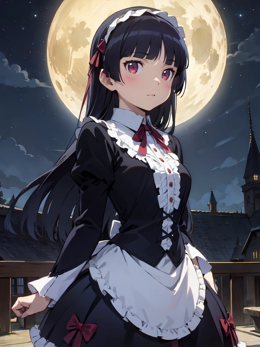 Movie Posters, full moon, Illuminated by moonlight, Romantic atmosphere, Starry Night, Fantasy, Light and shadow, Silence of the Night, Two people, secret, Soft Light, ephemeral, (ruri gokou), Red eyes, Hime cut, Long Hair, Gothic ****ta, ****ta Fashion, head band,