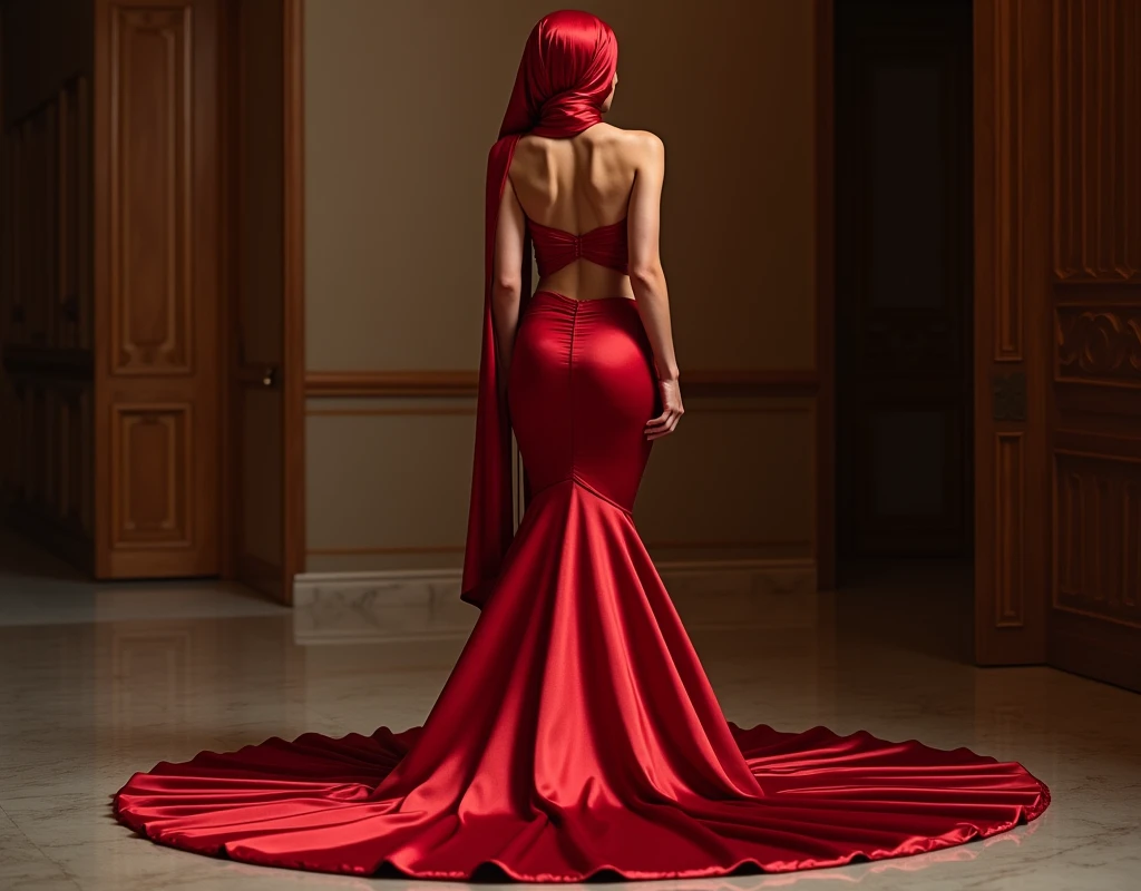 A woman clad in 10 meters of luxurious red satin, large breasts, perky nipples, tight clothing from the waist to the thighs and a poof-shaped bottom of the dress, tied tightly and magnificently draped along her body shape. , 4 meters long flowing dress tail on the floor, styled with mermaid inspired clothing, her head is simply veiled in a satin hijab, 185cm tall woman, walking in an old damaged building, full body pose conveying an elegant impression, caught on camera in resolution 4k, very realistic