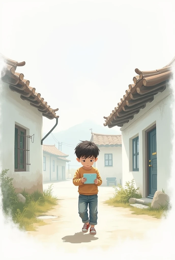 A white canvas with a background of a house with a tablet, and a boy walking towards the screen 