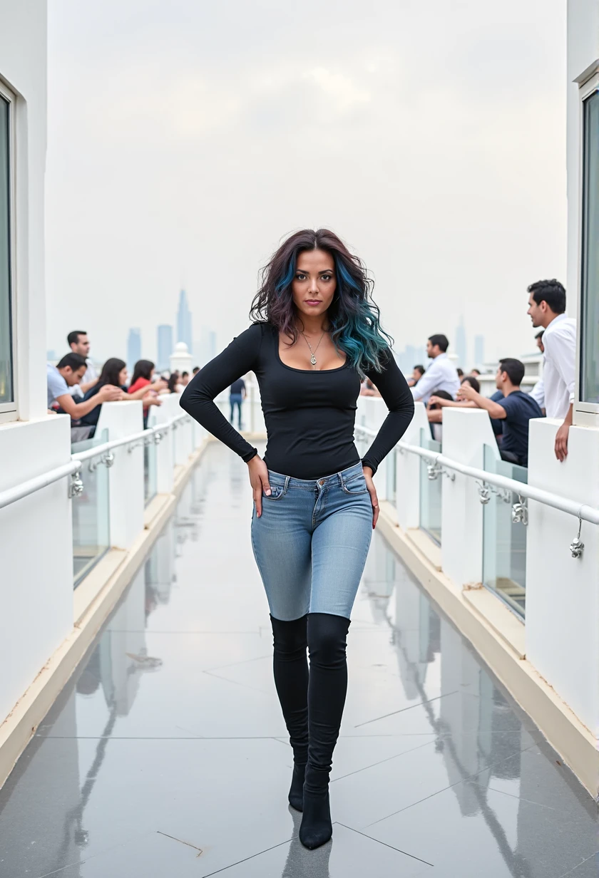 Raw full body photo of a 35 years old European woman, the view is from behind her body, she is standing on a balcony of the 50th floor of a luxury hotel in Dubai, tanned skin wearing porn actress clothes, thigh-high stockings, round sagging medium breasts, grey eyes, tousled layered wavy hair falling on her face, blueish brown and red hair color, beautiful big eyes, photo for Instagram, subtle makeup, ((stunning full body photo of her buttocks)), porn party background (((many people behind her squeezing her ass))) touching it with pleasure, hyperrealistic, pure realism, DSLR camera, 50mm or 85mm lens, with f/1.4 or f/2.8 aperture, ISO 100-400, shutter 1/125 s