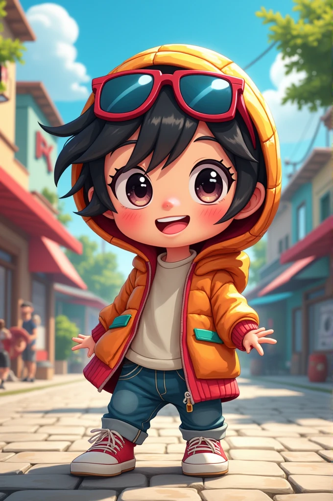Cartoon anime character wearing hodi and sun glasses