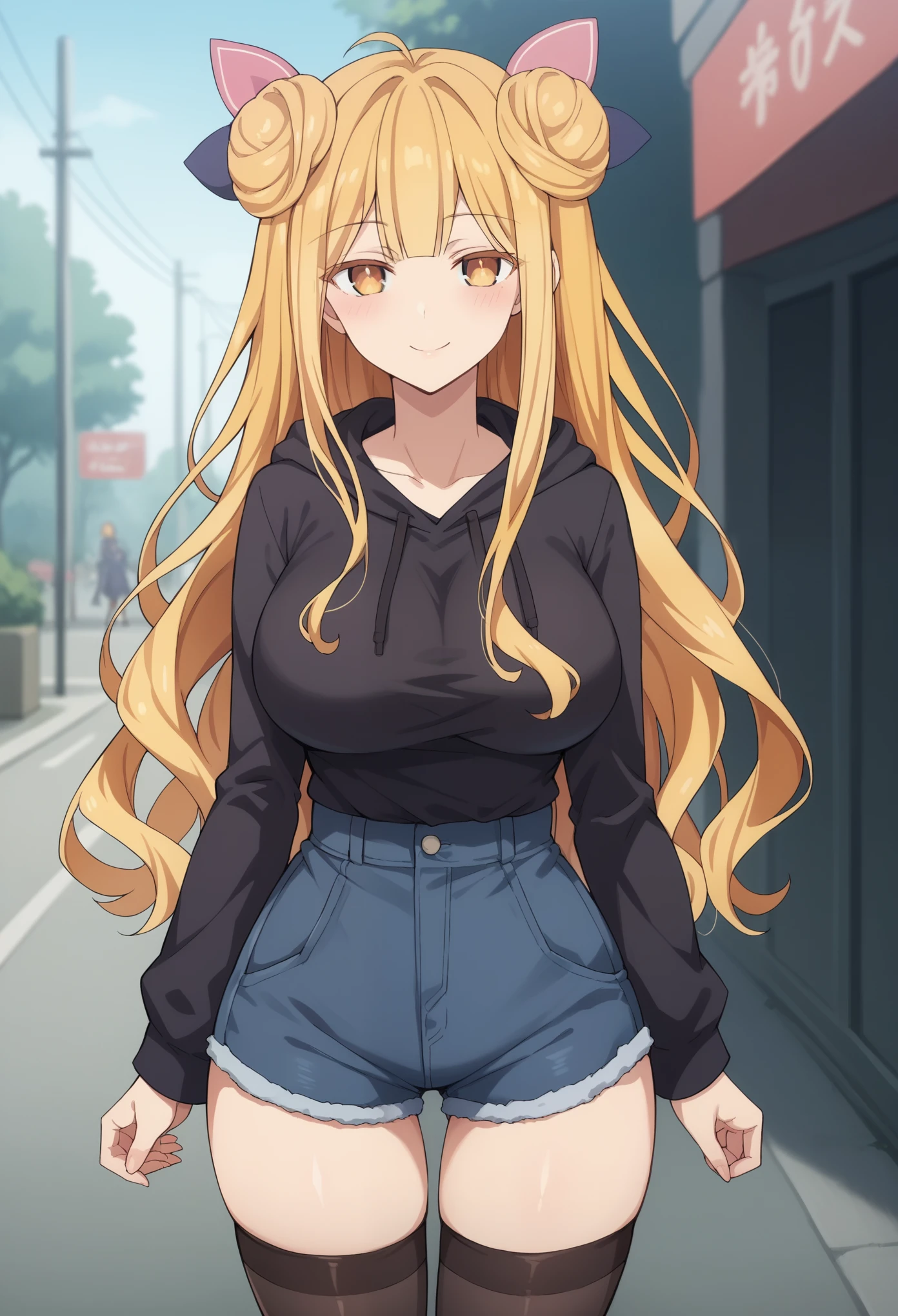 Score_9, Score_8_up, Score_7_up, ASCII masterpiece, source_anime, BREAK, 1girl, solo, mukurohoshimiya, mukurohoshimiya, bangs, blunt bangs, hime cut, medium hair , loose hair, blonde hair, yellow eyes, double bun, blush, ((slim waist, wide hips, beautiful skin, beautiful eyes, big breasts, attractive woman, super sexy woman, lustful body, sexy woman with seductive obscene body, body sensual, voluptuous body, sexy beauty,)), sexy denim shorts Thigh high stockings, black hoodie, standing, blushing, seductive smile, street background, sexy pose,