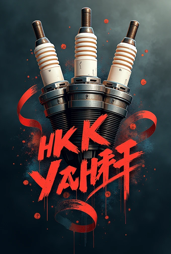 Make a picture of spark plugs and pistons in the style of HKK letters 
