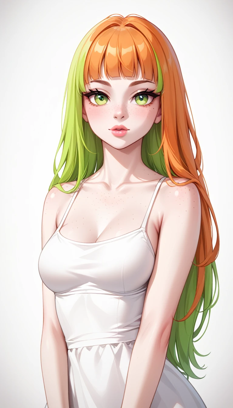 1 Girl, Medium Breasts, Half Orange Hair And Half Lime Green Hair, Split Hair Color, Two Hair Colors, Lime Green Eyes, Nice Eyes, Long Hair Style, Freckles, Nice Lips, Nice Nose, Pale White Skin, Smooth Skin, Uncaring, Sexy, Bitch, Long White Casual Dress