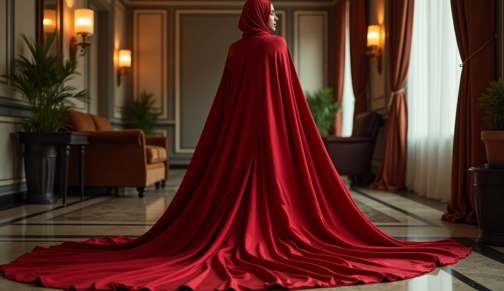 A hijabi woman shrouded in a 17-meter-long, plush red satin cloth, tightly bound and grandly draping along the form of her body with satin rope, her both arm tied in satin cloth, flowing off into a pooled floor-length train, styled in a mermaid-inspired outfit with dramatic long train outfit, wear corset, wear high heels, in a school with her student, hug from behind, a full-body pose conveying a sense of elegance, captured in a 4k resolution, ultra-realistic