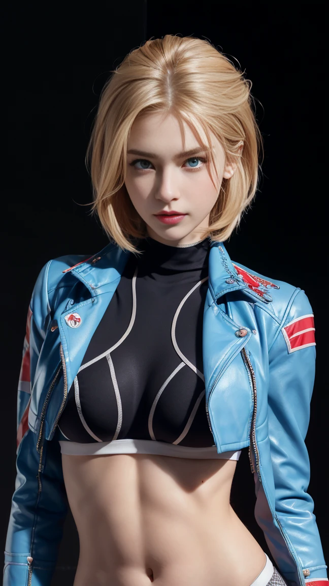 8K, Top Quality, Intricate Details, Ultra Detail, Ultra High Resolution, Masterpiece, close up shot, (full body: 1.1), Slender, Smile, (Makeup: 0.4), ((,)), (Fluffy blue Eyes: 1.21), (()), 1girl, solo, 1 girl, ((cammy white, blonde hair, bangs, short hair, blue eyes, antena hair, abs, scar on cheeks)), close up shot, , ((tall)), (((fit body))), (((slim face))), sharp face, (( )) , (detailed face), sharp face, small lips, perfect hands, (())
((, )), , ((open mini jacket, torn jacket, mini short, skin tight legging, torn legging, skinny pants, skin tight pants )), detailed face, detailed breast,, huge breast , ((detailed nipples)), detail ass, Narrow Waist, Skinny, tall , 175 cm tall, Muscular, Navel, Exposed Abdomen, Pointed Chest,, Beautiful girl with accentuated slender abs: 1.4, Six Pack Abs: 1.4, Bust Botox, Big, Perfect Body, detail leg, (( dark background)), black background,