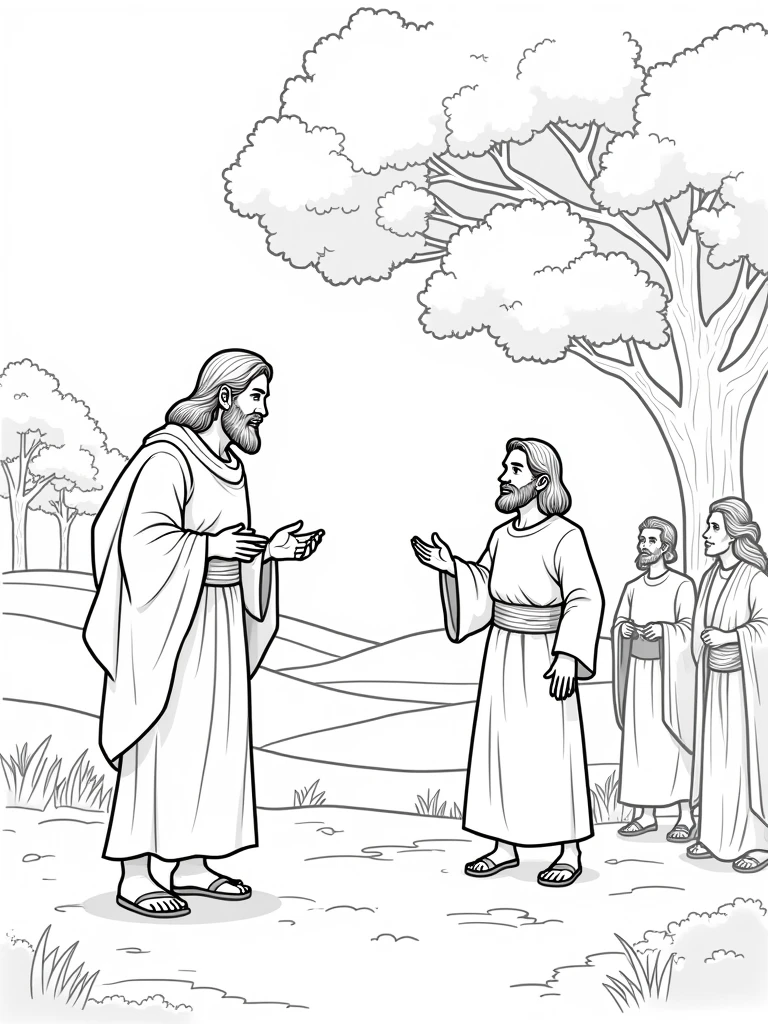 Very beautiful coloring page of JESUS ​​talking to Zacchaeus in a beautiful landscape and Zacchaeus on top of a tree and a group of people around Jesus, cartoon-like, thick line, uncolored, white background, just traces.