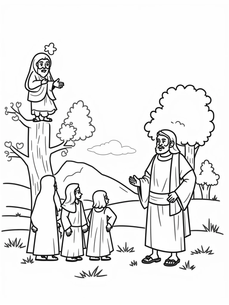 Very beautiful coloring page of JESUS ​​talking to Zacchaeus in a beautiful landscape and Zacchaeus on top of a tree and a group of people around Jesus, cartoon-like, thick line, uncolored, white background, just traces.