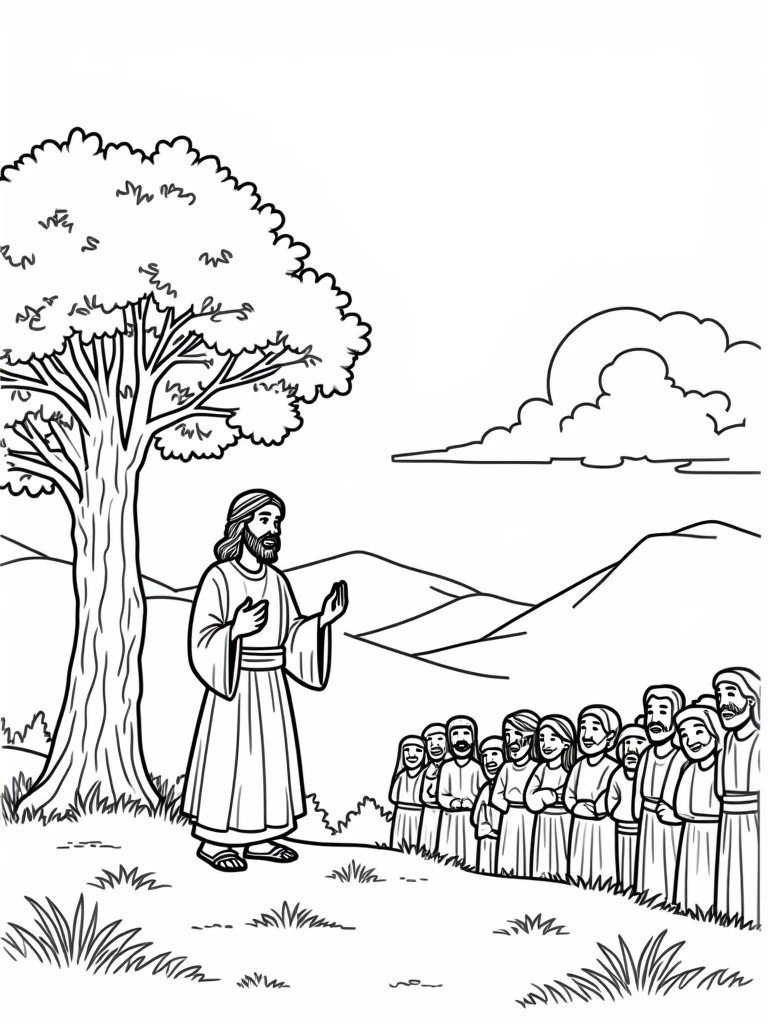 Very beautiful coloring page of JESUS talking to Zacchaeus in a beautiful landscape and Zacchaeus on top of a tree and a group of people around Jesus, cartoon-like, thick line, uncolored, white background, just traces.