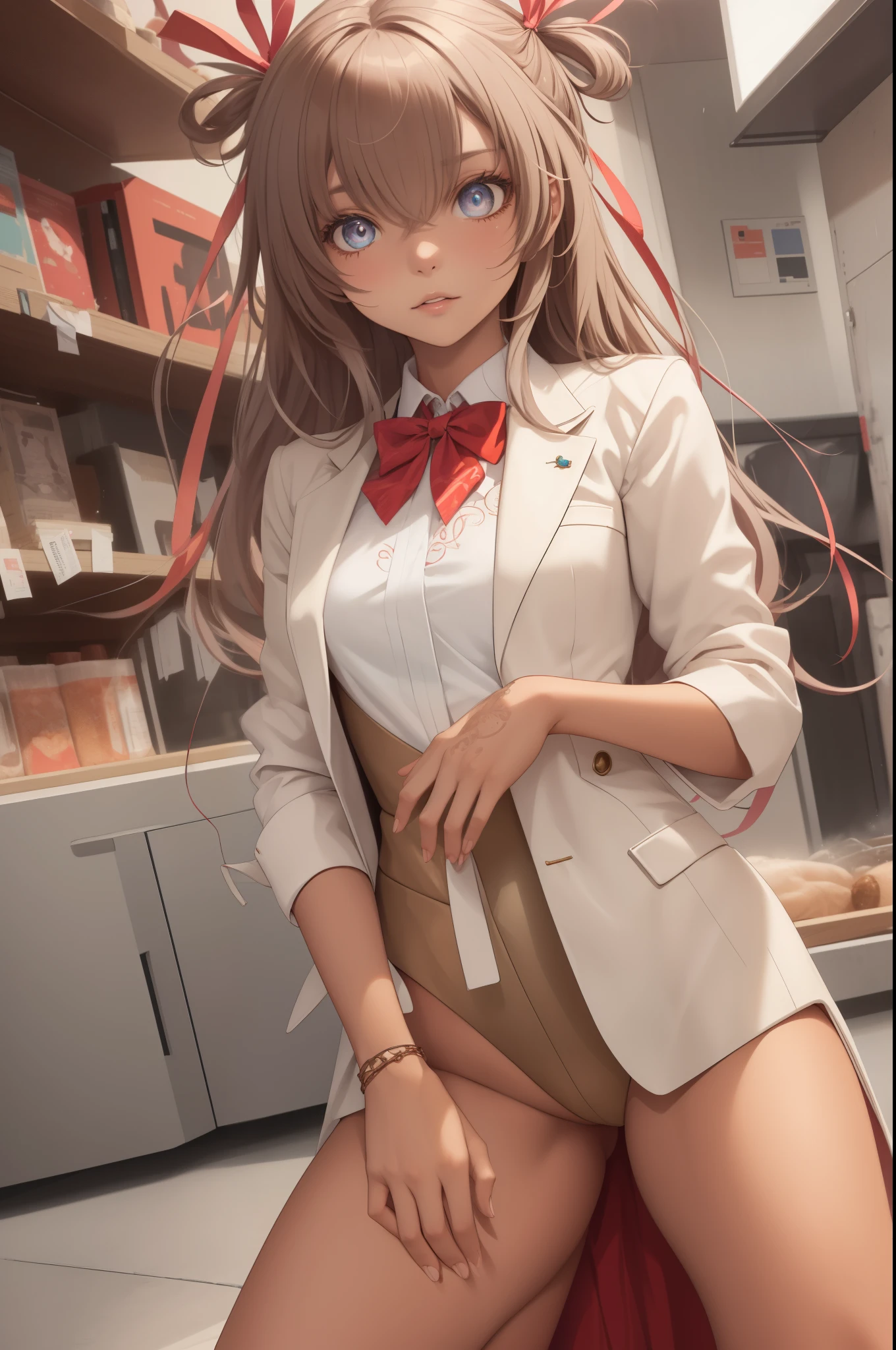 mizuki yukikaze, hair ribbon,
BREAK (blue suit with red bow tie:1.2),
BREAK (art: 1.2), best quality, high resolution, 8k unitary, (illustration: 0.8), (beautiful detailed eyes: 1.6), extremely detailed face, perfect lighting, extremely detailed in CG, (perfect hands, perfect anatomy),