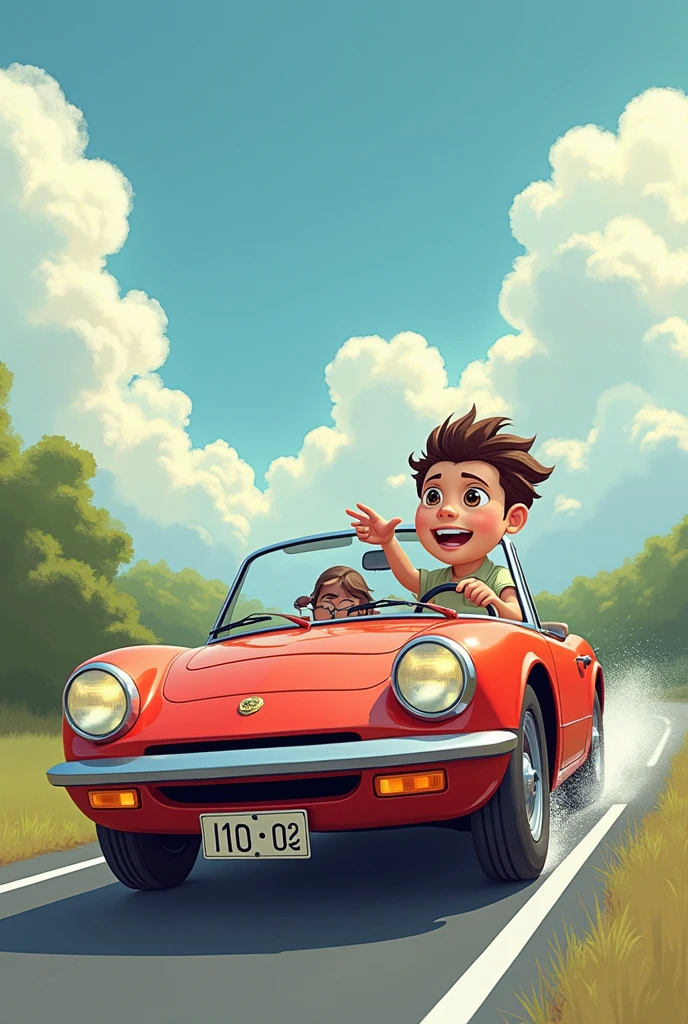 Image Description: "Classic driving school scene: the instructor calmly warns, 'Accelerate slowly...', but the student, eager, step on the accelerator. The car lifts the front wheels, bringing to light the importance of understanding the relationship between acceleration and braking time. remember if, Controlling acceleration is the first step to safe braking."