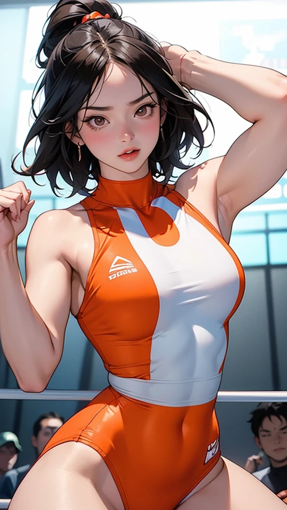 A detailed anime-style illustration of a female wrestler. The woman is in a crouched wrestling position, ready to engage her opponent. She has short, lustrous hair and a determined look. She wears a red wrestling singlet with a white and orange geometric pattern and the Japanese flag on her chest. Her slender, muscular physique is accentuated, showcasing her strength and athleticism. The singlet is tight-fitting, accentuating her physique. Her arms are in front of her body, hands open, ready to grapple. A blurred depiction of a wrestling arena is in the background, giving a sense of movement and focus on the athlete.