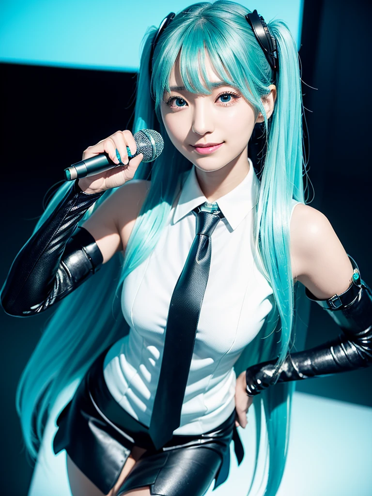 (beautiful japanese girl), (Highest quality,128k, masterpiece:1.55, photorealistic, hyperrealistic), 128k wallpaper, 
BREAK (Shot with Canon EOS 5D Mark 4 and Canon EF Lens 85mm F1.2L lens, F value 1.2, ISO 50, shutter speed 64),
BREAK (beautifull, detailed face, detailed eyes), Ultra detailed face, Detailed lips, Detailed eyes, double eyelid, 
BREAK  (((Sing with a microphone, Sing with your mouth open))), 
BREAK cineamtic angle, from the front, (View your viewers:1.5), dynamic angle, dynamic pose, (A gentle smile:1.5), 
BREAK (Beautiful Japanese Idols), 
BREAK 1girl, miku hatsune, 
BREAK ahoge, ((aqua eyes, aqua hair)), crossed bangs, hair between eyes, hair ornament, headphones, long hair, twintails,
BREAK ((aqua necktie)), black footwear, black skirt, black sleeves, boots, collared shirt, detached sleeves, grey shirt, necktie, pleated skirt, shirt, skirt, sleeveless, sleeveless shirt, thigh boots, tie clip,
BREAK Spotlight, Highly detailed background, Live Stage, Neon Light,