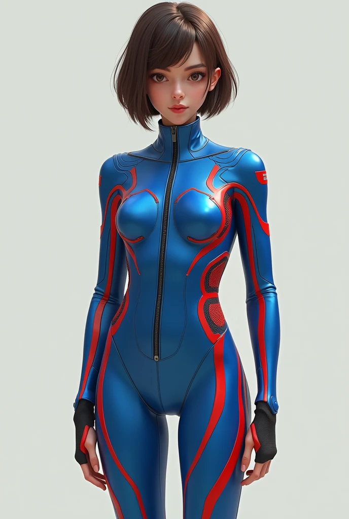 Young girl with short straight brown hair, thin and small breasts, with tight-fitting suit with long sleeves and a high collar and blue rubber with red side lines throughout the suit, that run from the legs to the sleeves with a front zipper with a red line